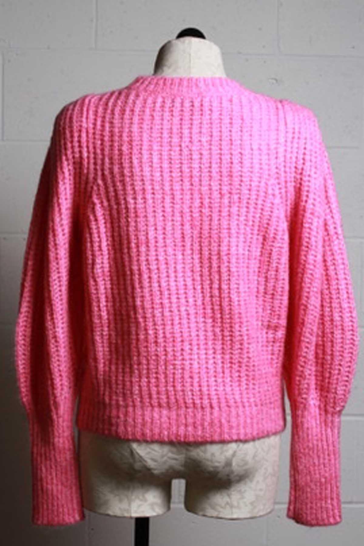 Back view of Ribbed Lipstick Pink Balloon Sleeve Sweater by Generation Love 