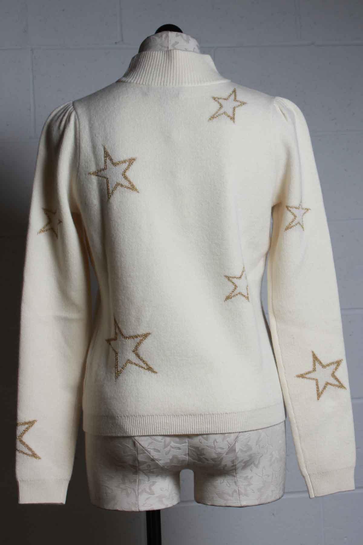 back view of Cream mock neck sweater by Generation Love with gold outlined stars