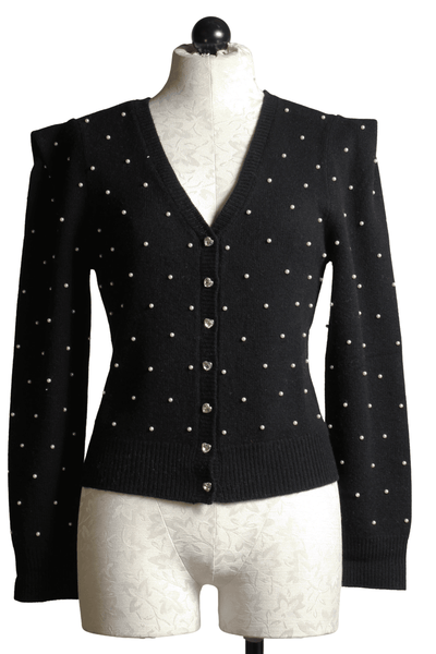 black puffed ribbed sleeve cashmere blend cardigan with pearls and crystal buttons