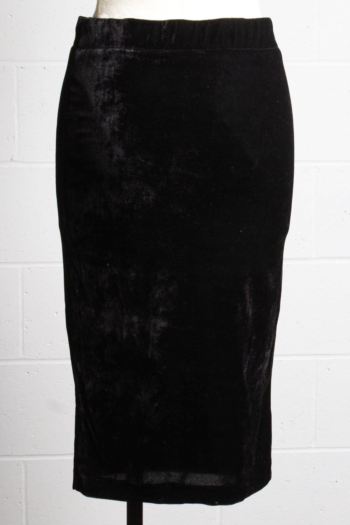 back view of Black velour, fully lined knee length pencil skirt 