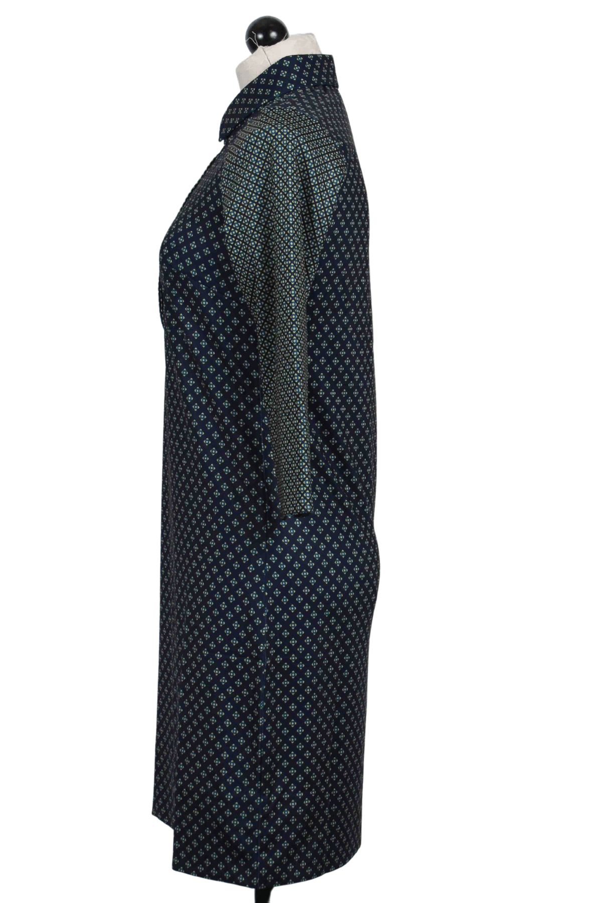 side view of navy Diamond Dot 3/4 Sleeve Everyday Dress by Gretchen Scott