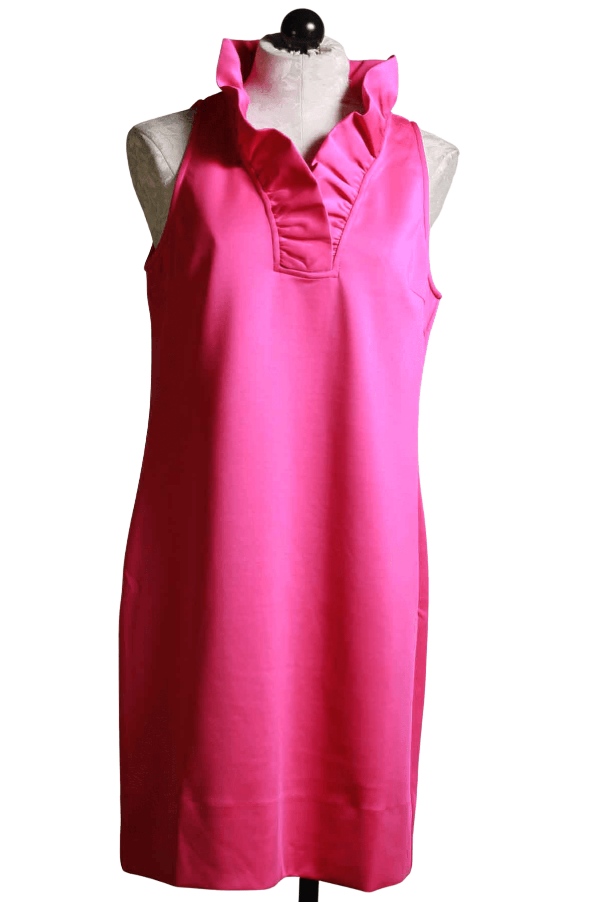 Pink sleeveless ruffle neck dress by Gretchen Scott