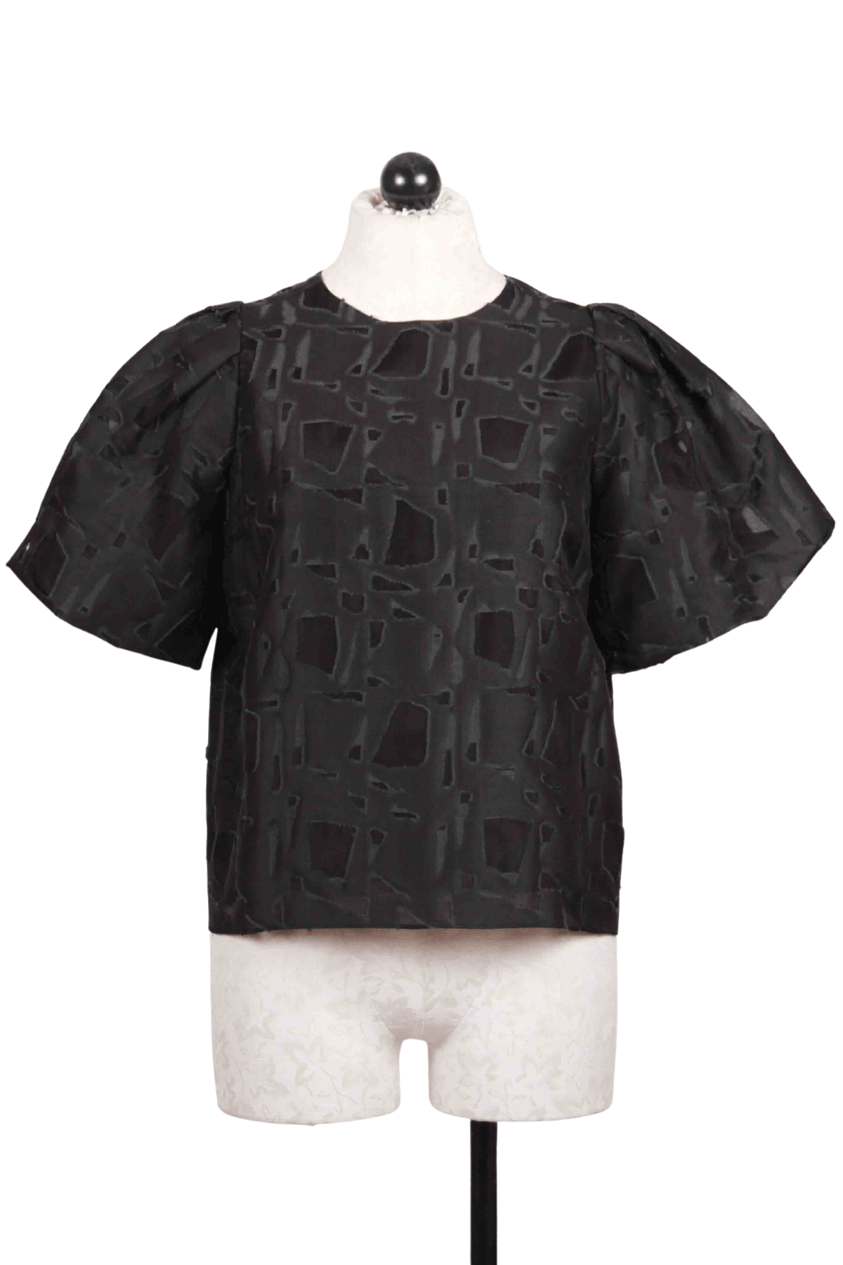 Black Jessa Short Bag Sleeve Top by Marie Oliver in a textured jacquard fabric