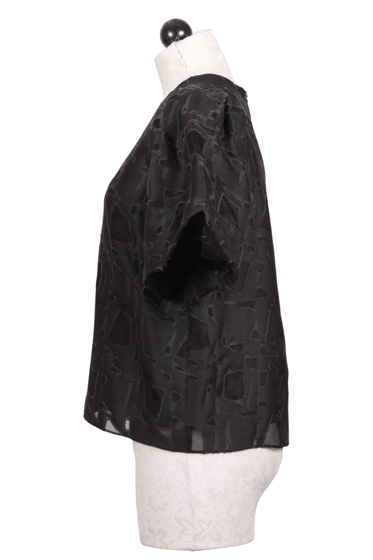side view of Black Jessa Short Bag Sleeve Top by Marie Oliver in a textured jacquard fabric