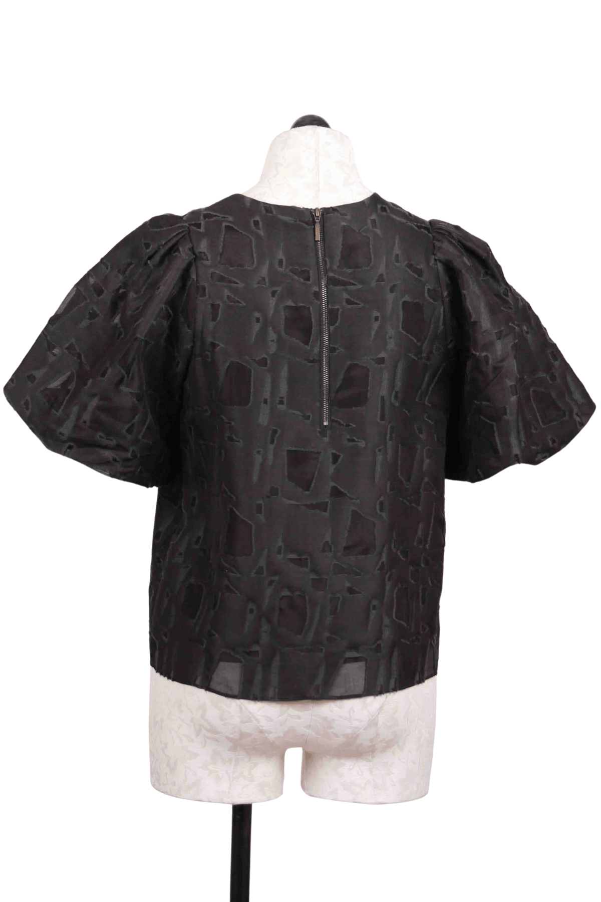 back view of Black Jessa Short Bag Sleeve Top by Marie Oliver in a textured jacquard fabric