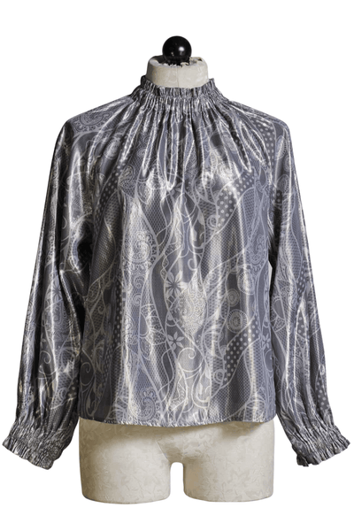 high gathered elastic neckline top with elastic gathered cuffs in a silver with white print by Marie Oliver