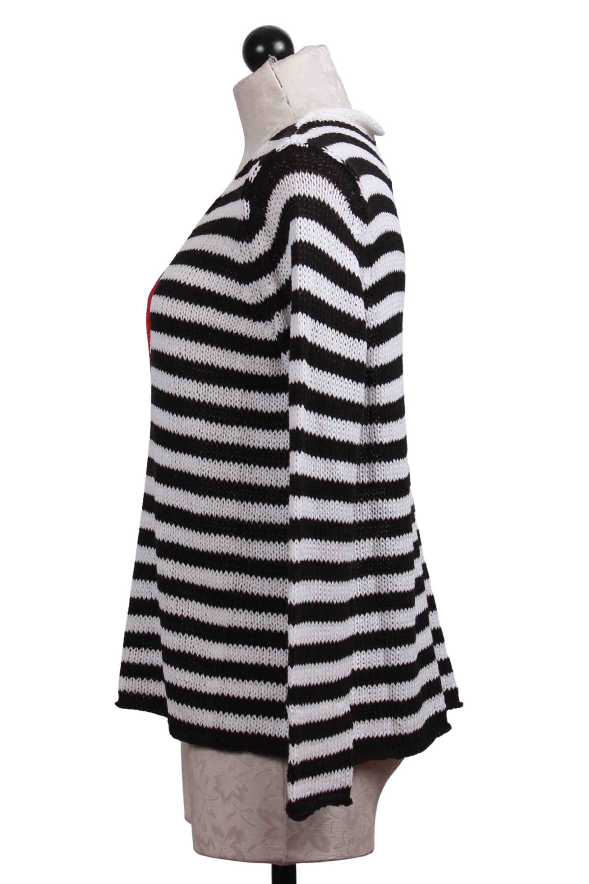 side view of Black and white striped Eloise Heart V Neck Sweater by Wooden Ships