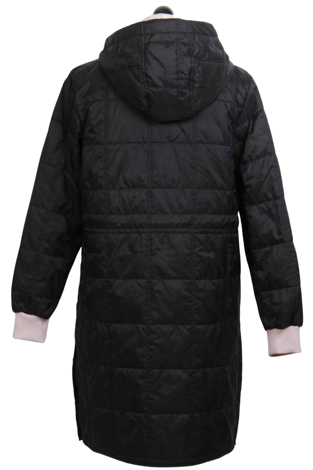 back view of Black Hooded Quilted Leonardo Coat by Nikki Jones