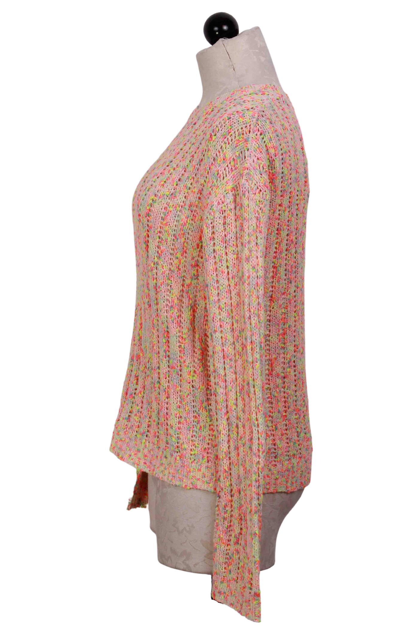 side view of Tropical Treat color Ribbed Melange fabric Skittles Sweater by Lisa Todd
