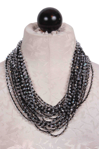 doubled up 10 Strand Hand-Crocheted with tiny faceted clear Crystal Bead Cord Necklace by JianHui London