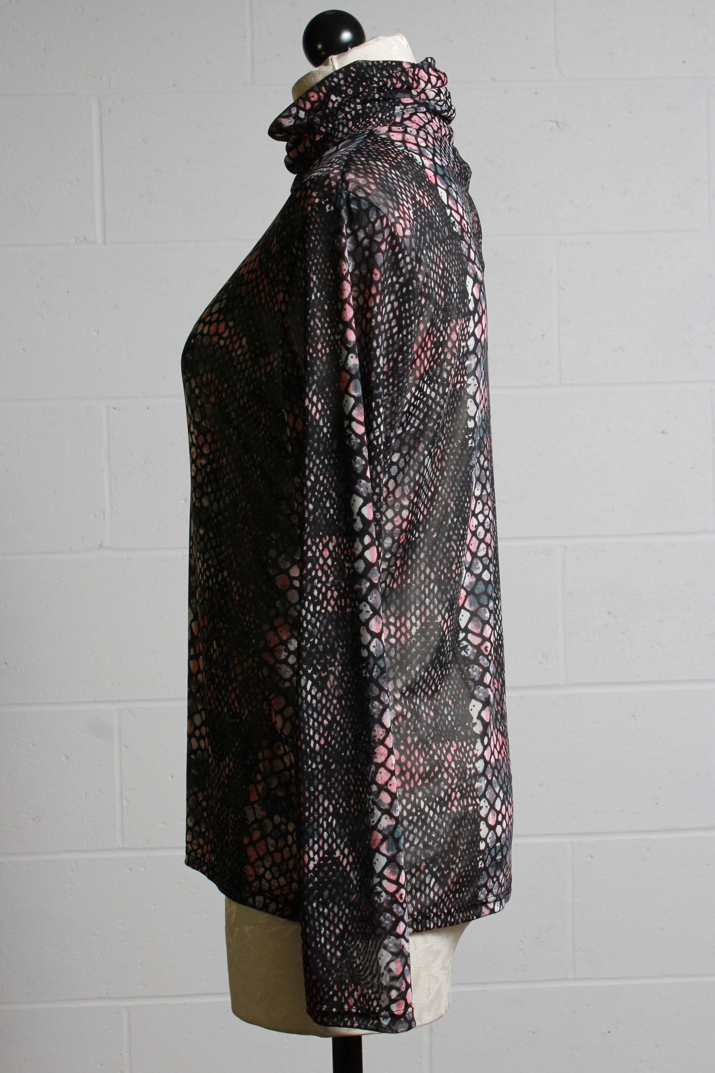 side view of Mesh Pink and Grey Snakeskin Print Turtleneck by Reina Lee