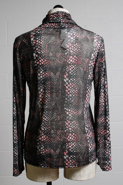 back view of Mesh Pink and Grey Snakeskin Print Turtleneck by Reina Lee