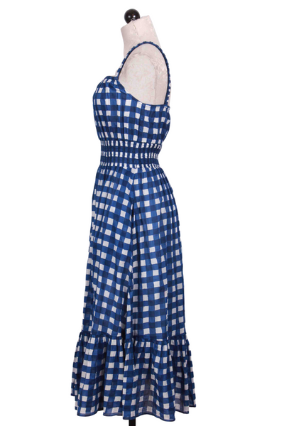 side view of Patrice Blue and White Gingham Midi Dress by Cleobella