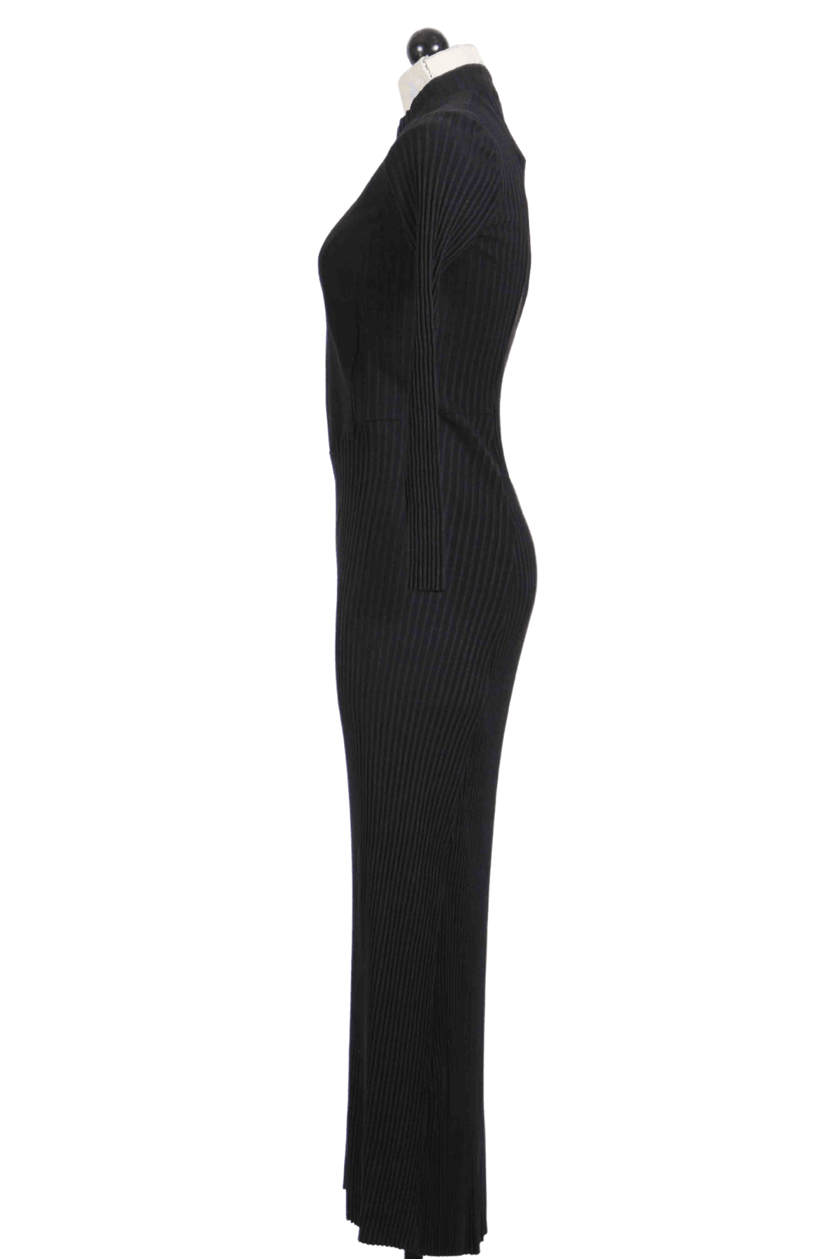 side view of  black Long Ribbed Stone Dress by Testimony