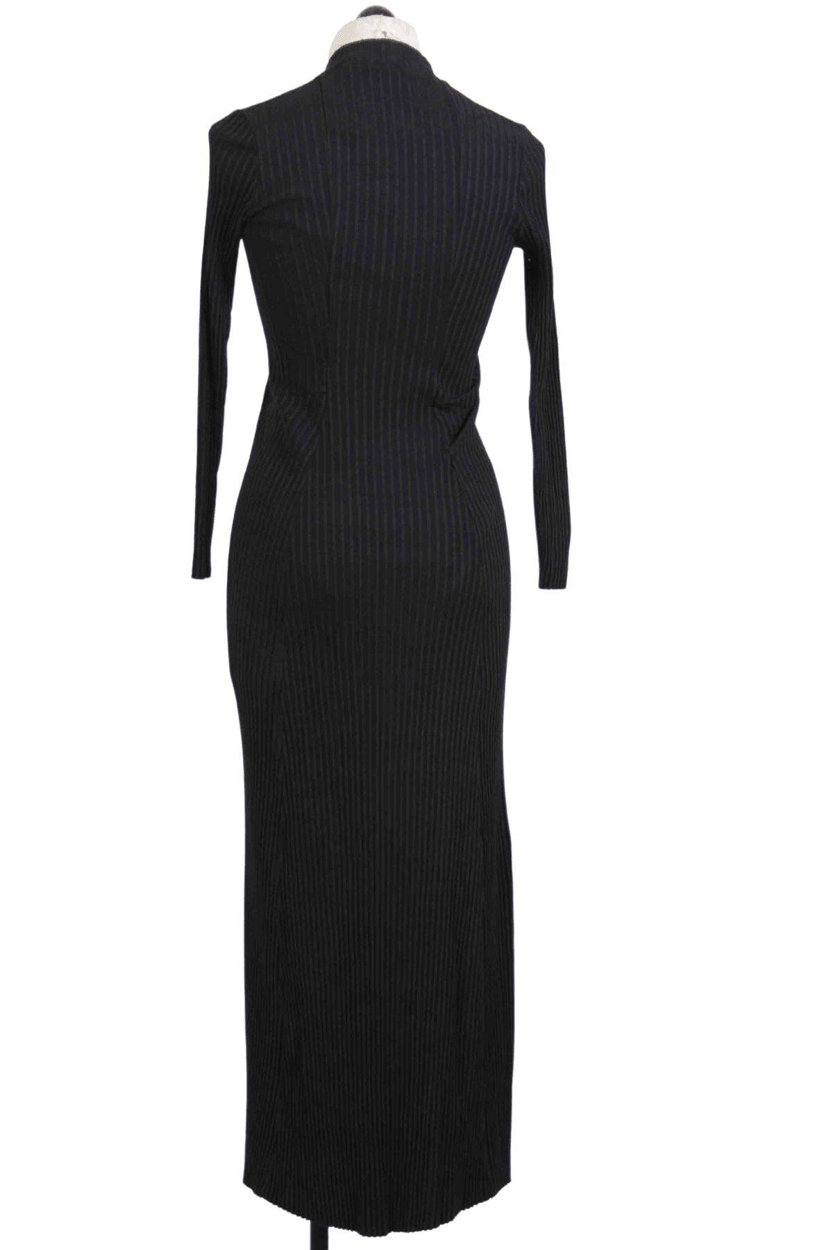 back view of black Long Ribbed Stone Dress by Testimony