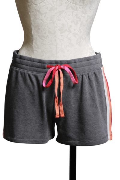 Charcoal PJ shorts with colorful stripes down the sides and colorful tie-waist 