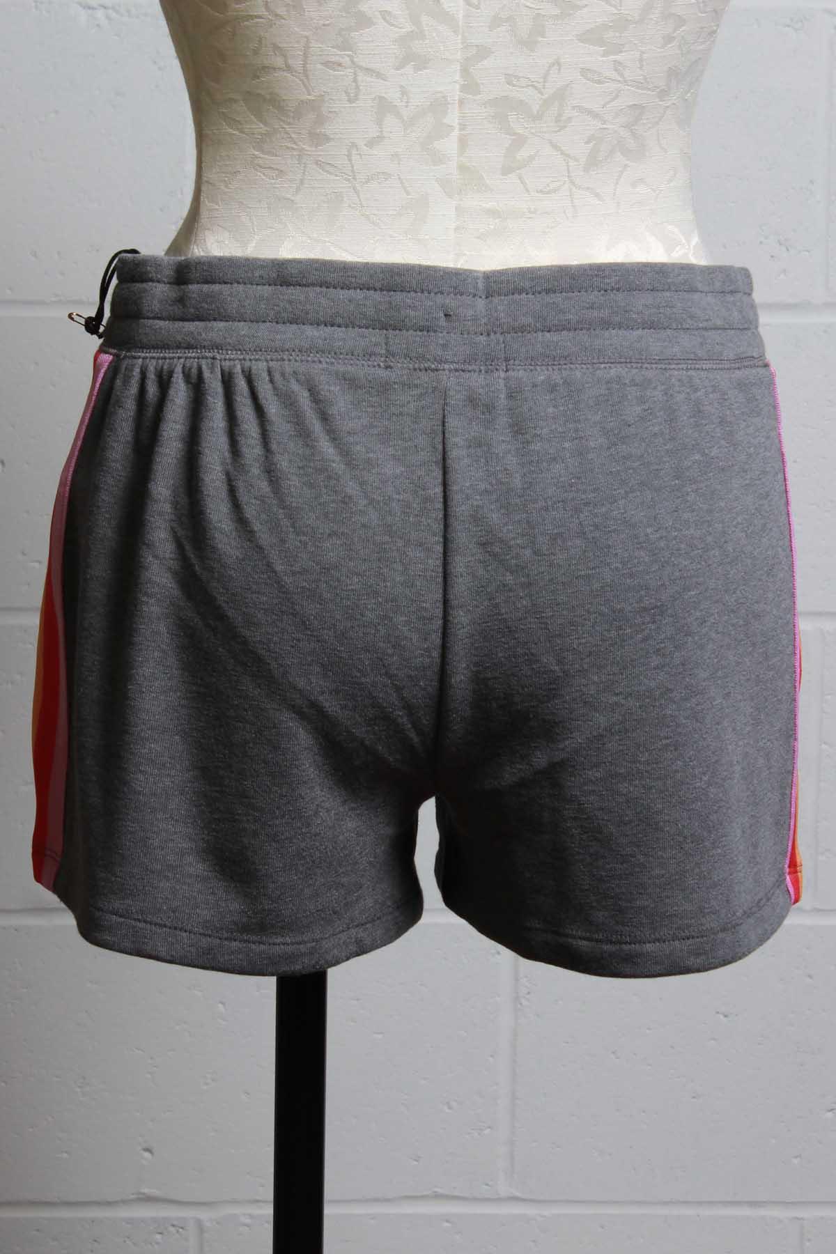back view of Charcoal PJ shorts with colorful stripes down the sides and colorful tie-waist 
