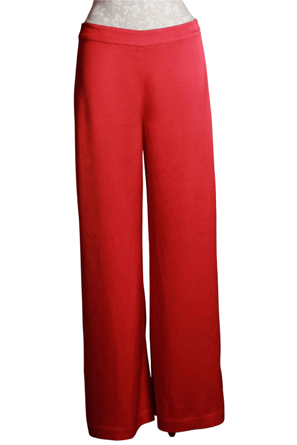 ribbon red wide leg satin pant by Trina Turk with banded waist and concealed side zip