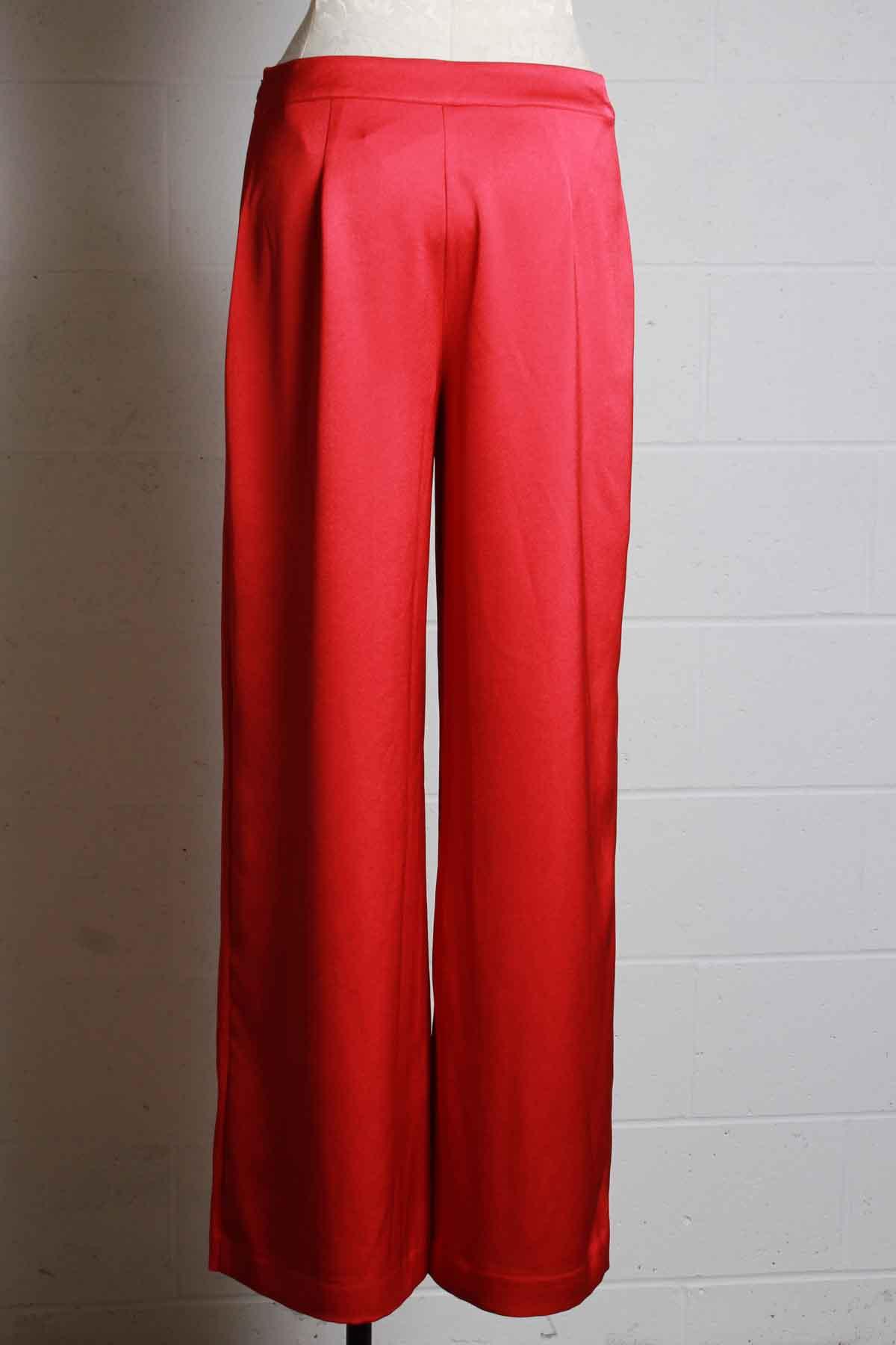 back view of ribbon red wide leg satin pant by Trina Turk with banded waist and concealed side zip