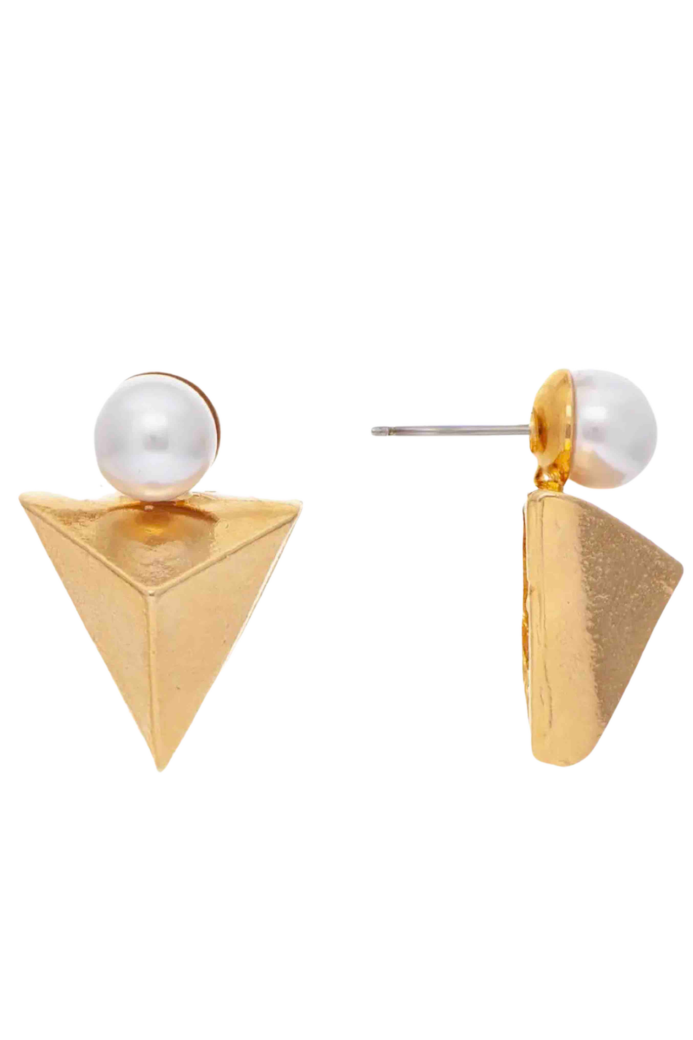 Gold Triangular Pyramid shaped Ruki Earrings by Yochi New York with a pearl stud.