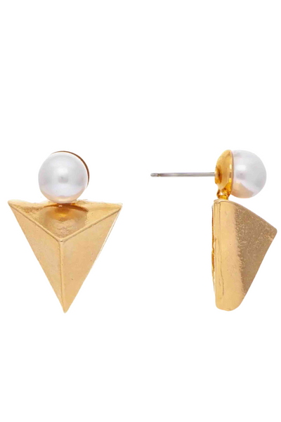 Gold Triangular Pyramid shaped Ruki Earrings by Yochi New York with a pearl stud.