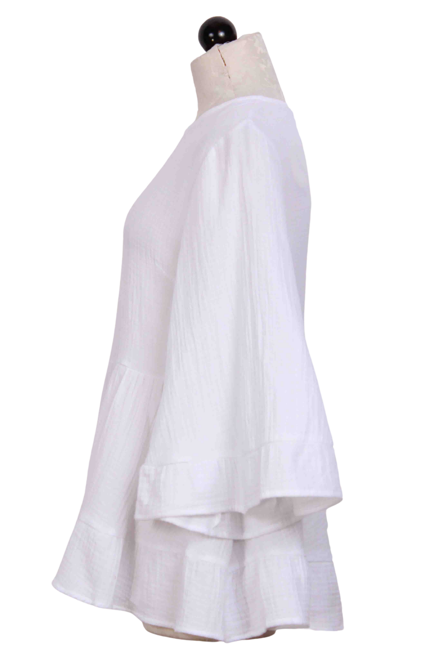 side view of white Gauzy Tiered Babydoll Top by Patrizia Luca