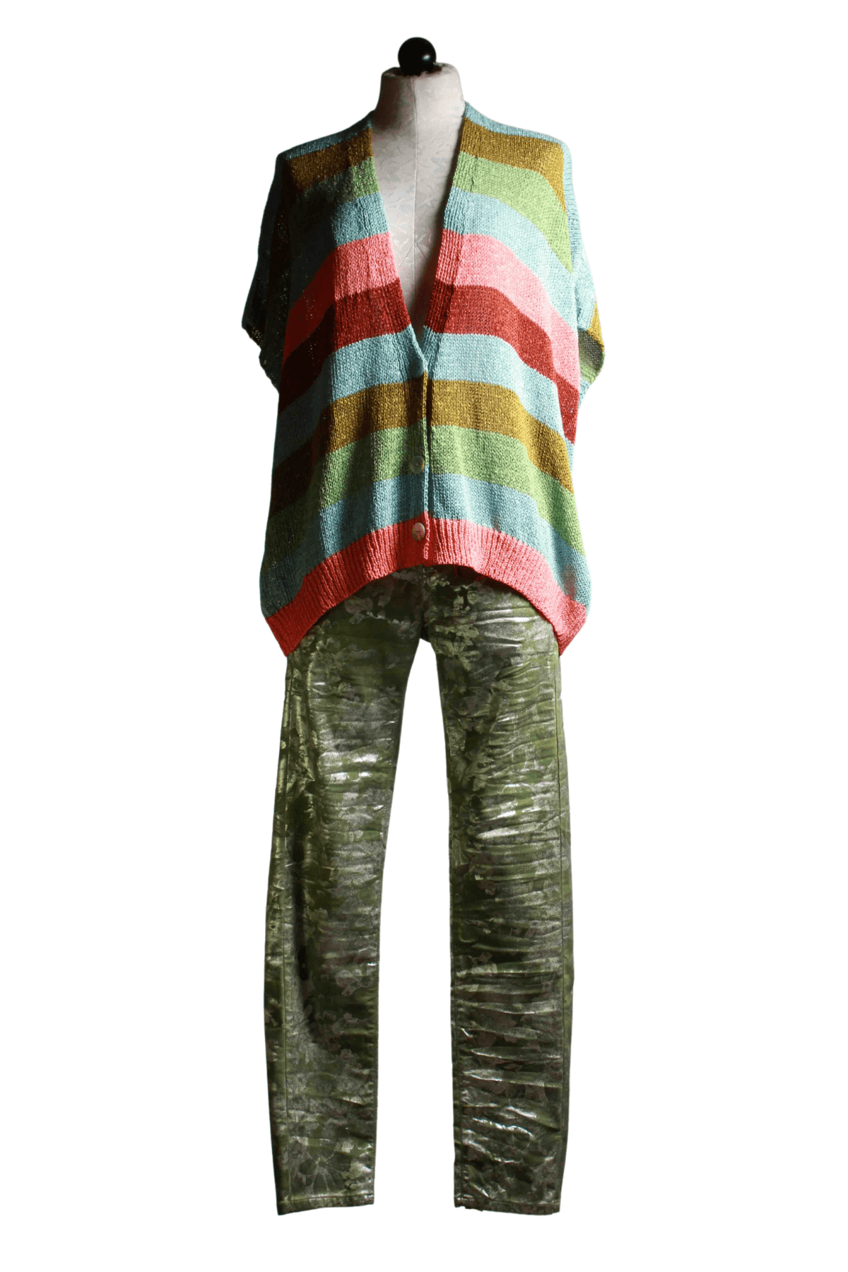 Multi colored Horizon striped button front drop shoulder cardigan/poncho by Alembika paired with metallic drawstring jeans