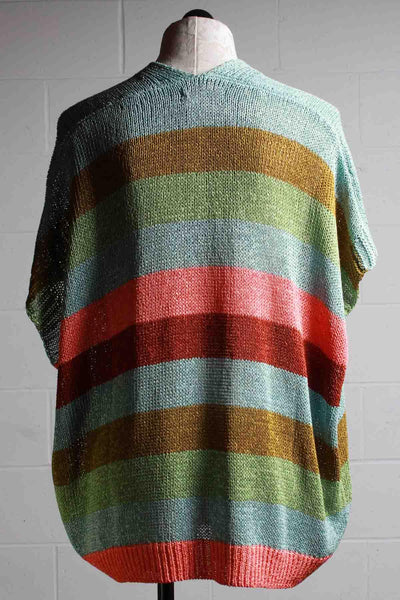 back view of Multi colored Horizon striped button front drop shoulder cardigan/poncho by Alembika