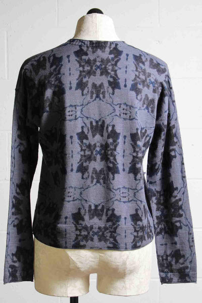 back view of grey blue Pop Star Camo Sweater by Lisa Todd