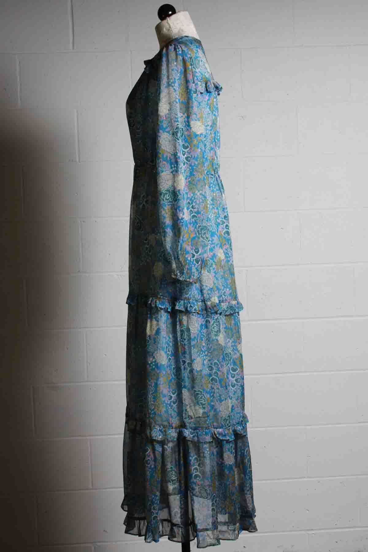 side view of Long Sleeve V Neck Periwinkle Blue Floral tiered Sadie Dress by Marie Oliver
