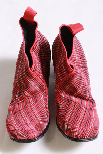 front view of red stripe slip on style bootie with a stacked 2" rubber bottom heel and a stretch elastic upper with a pull back tab