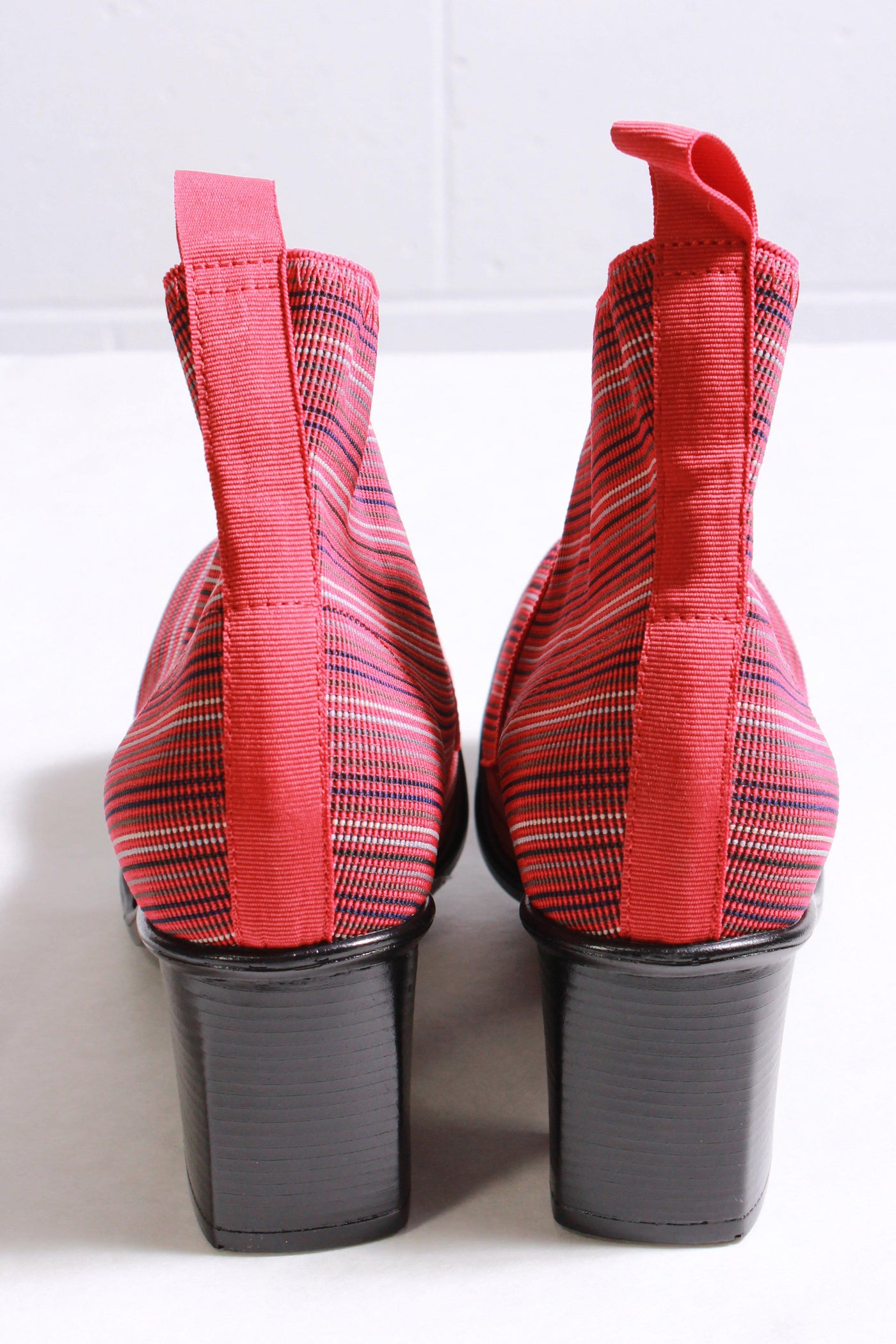 back view of red stripe slip on style bootie with a stacked 2" rubber bottom heel and a stretch elastic upper with a pull back tab