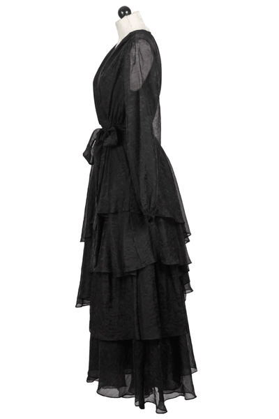 side view of black Long Sleeve Tessa Tiered Maxi Dress by Marie Oliver