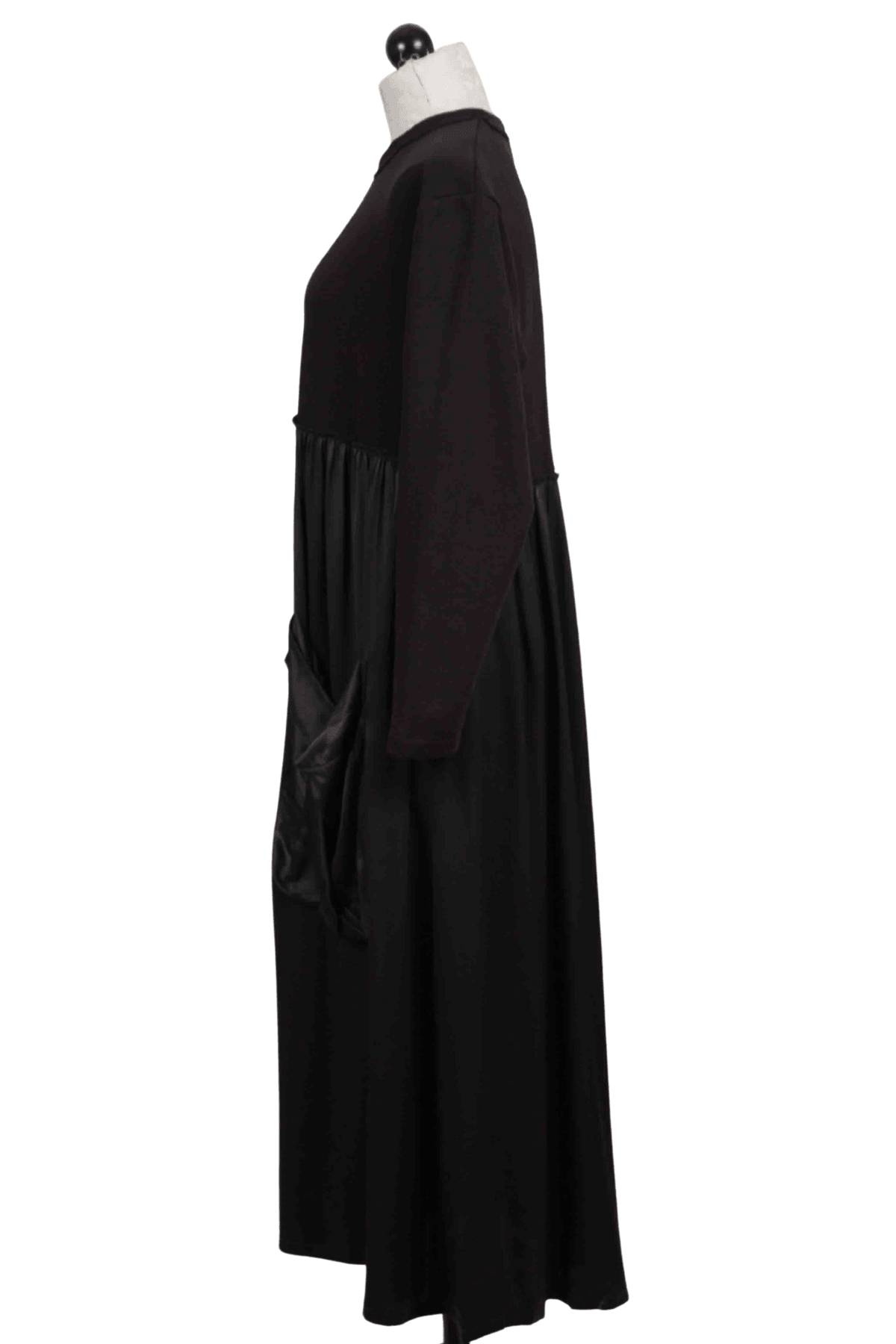 side view of black Long Sleeve Satin Bottom Dress by Alembika