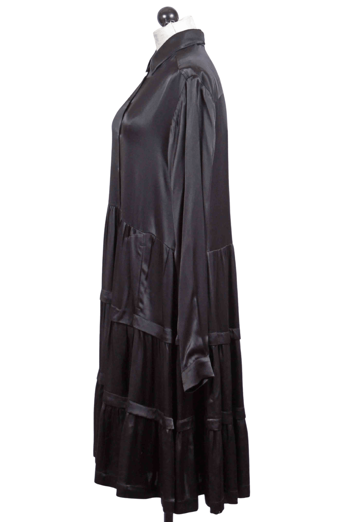 side view of Black Tiered Satin Dress by Alembika