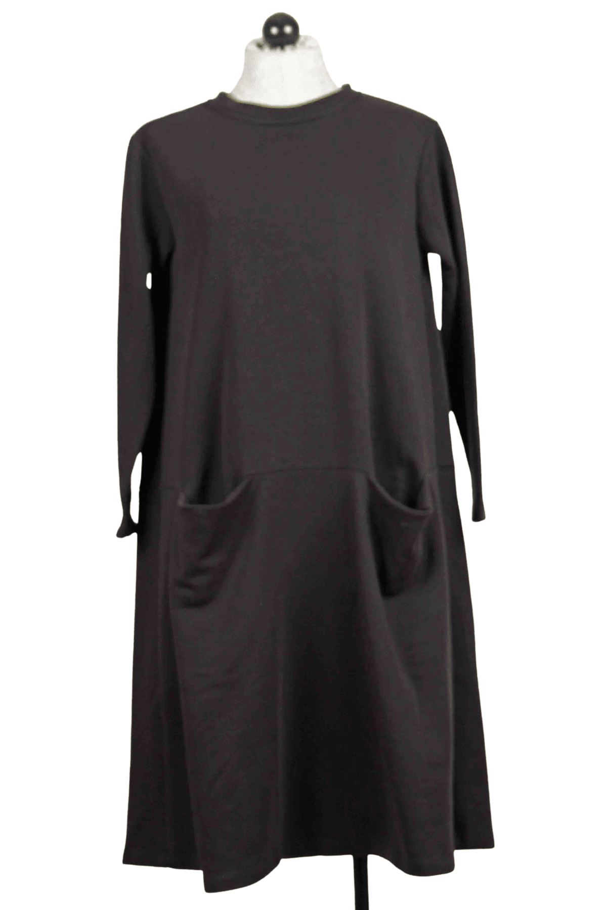black Long Sleeve Knit Dress by Alembika with Slouch Front Pockets with stripe detail on bottom side
