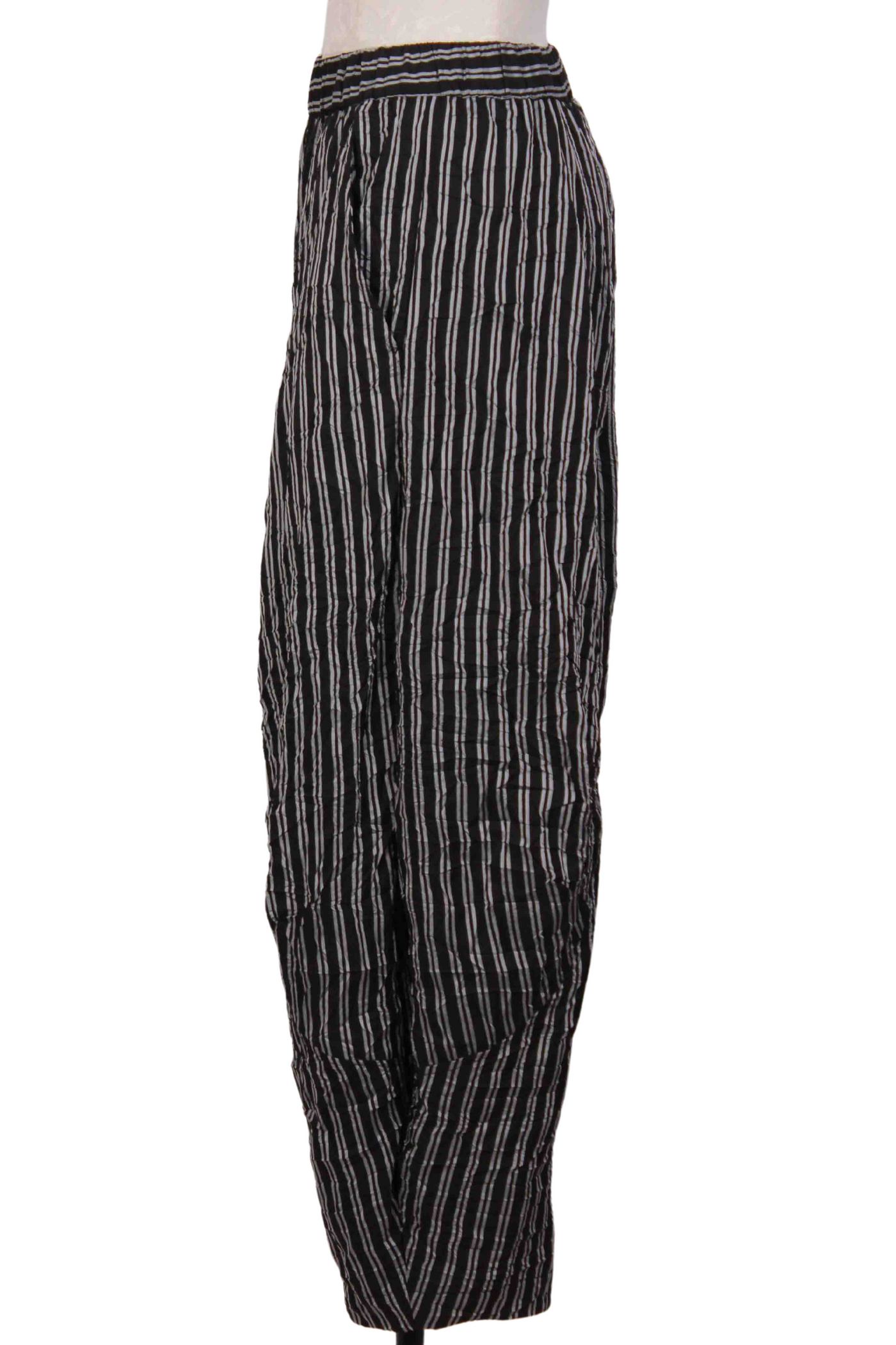 side view of Black and White Pinstriped Parachute Pant by Alembika