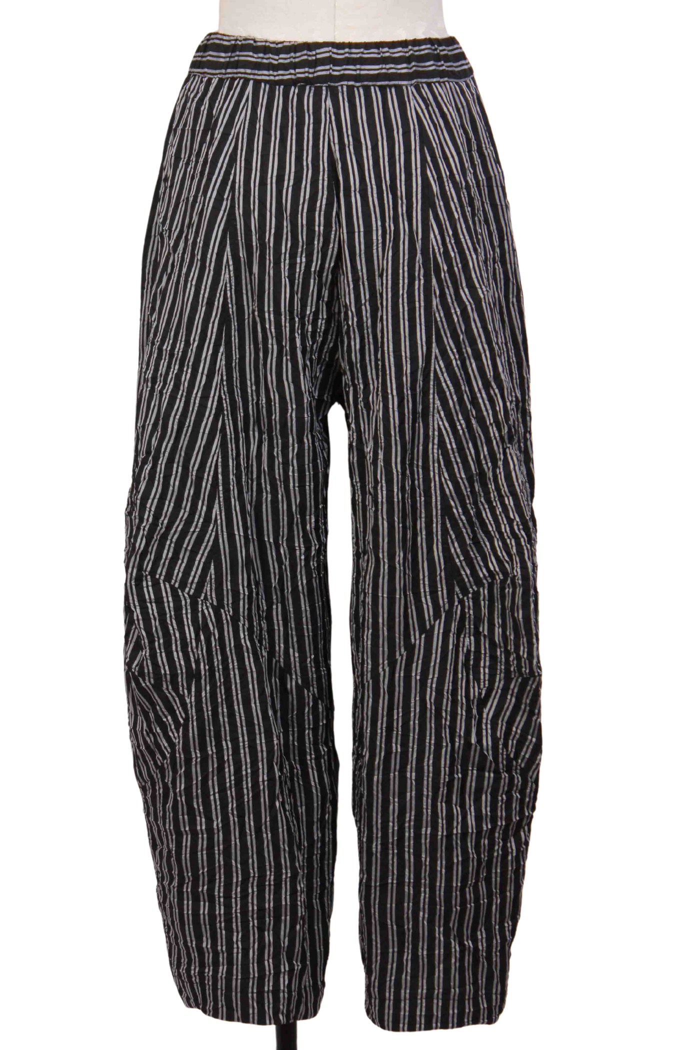 back view of Black and White Pinstriped Parachute Pant by Alembika