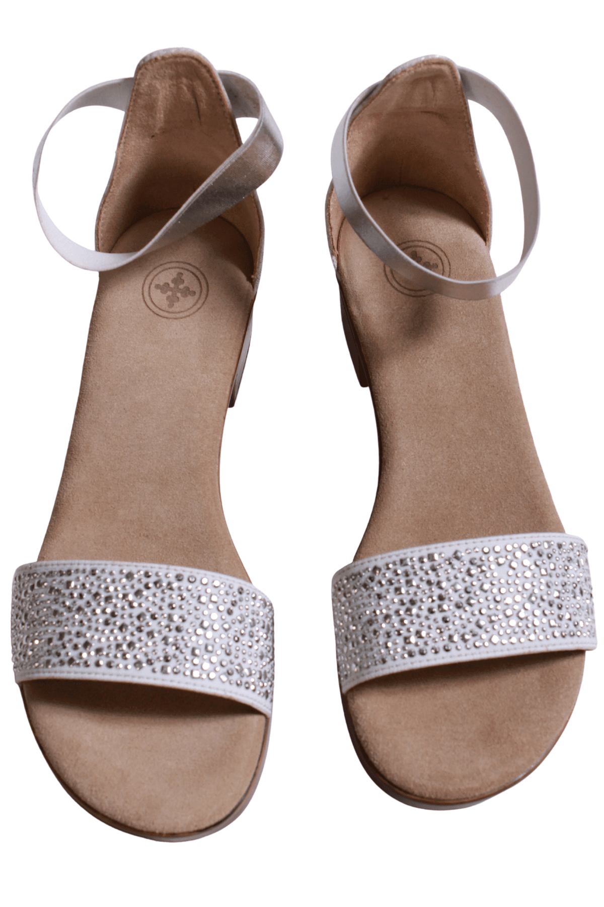 silver sandal has a sparkled toe strap and a 1" heel  with an elastic band ankle strap