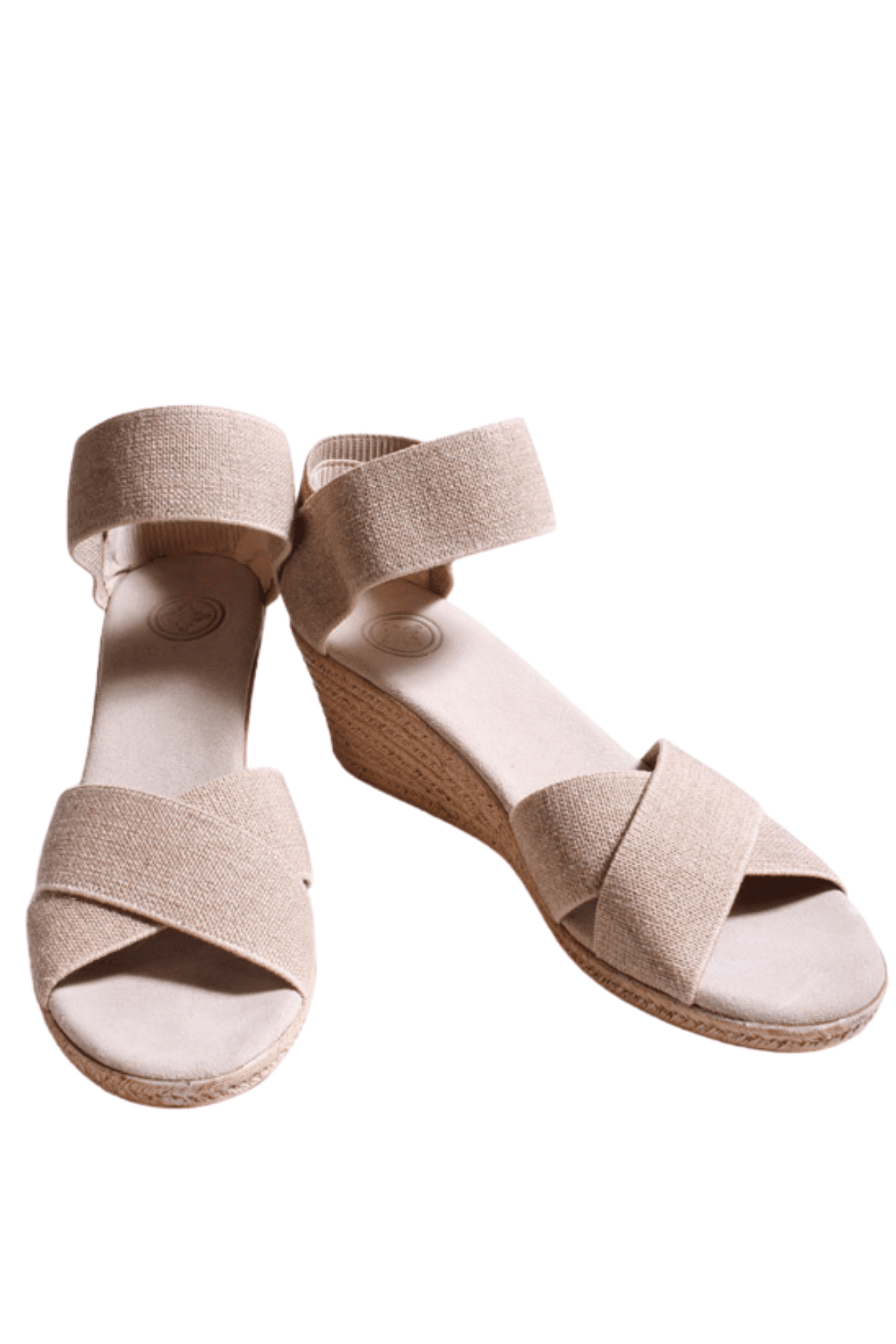 linen sandal has a 2" faux espadrille wedge bottom with a padded insole and elastic stretch upper