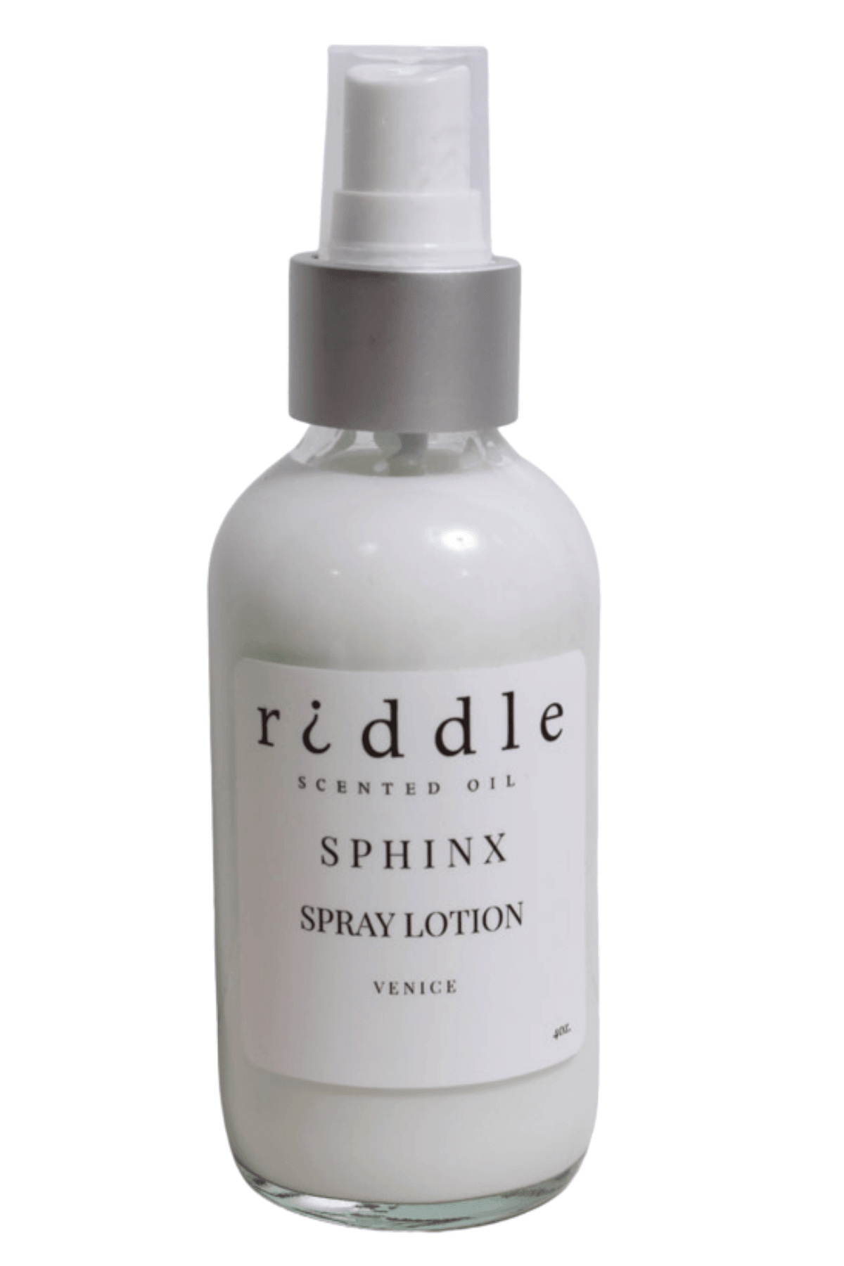 4 oz bottle of light and silky spray lotions by Riddle in Sphinx fragrance