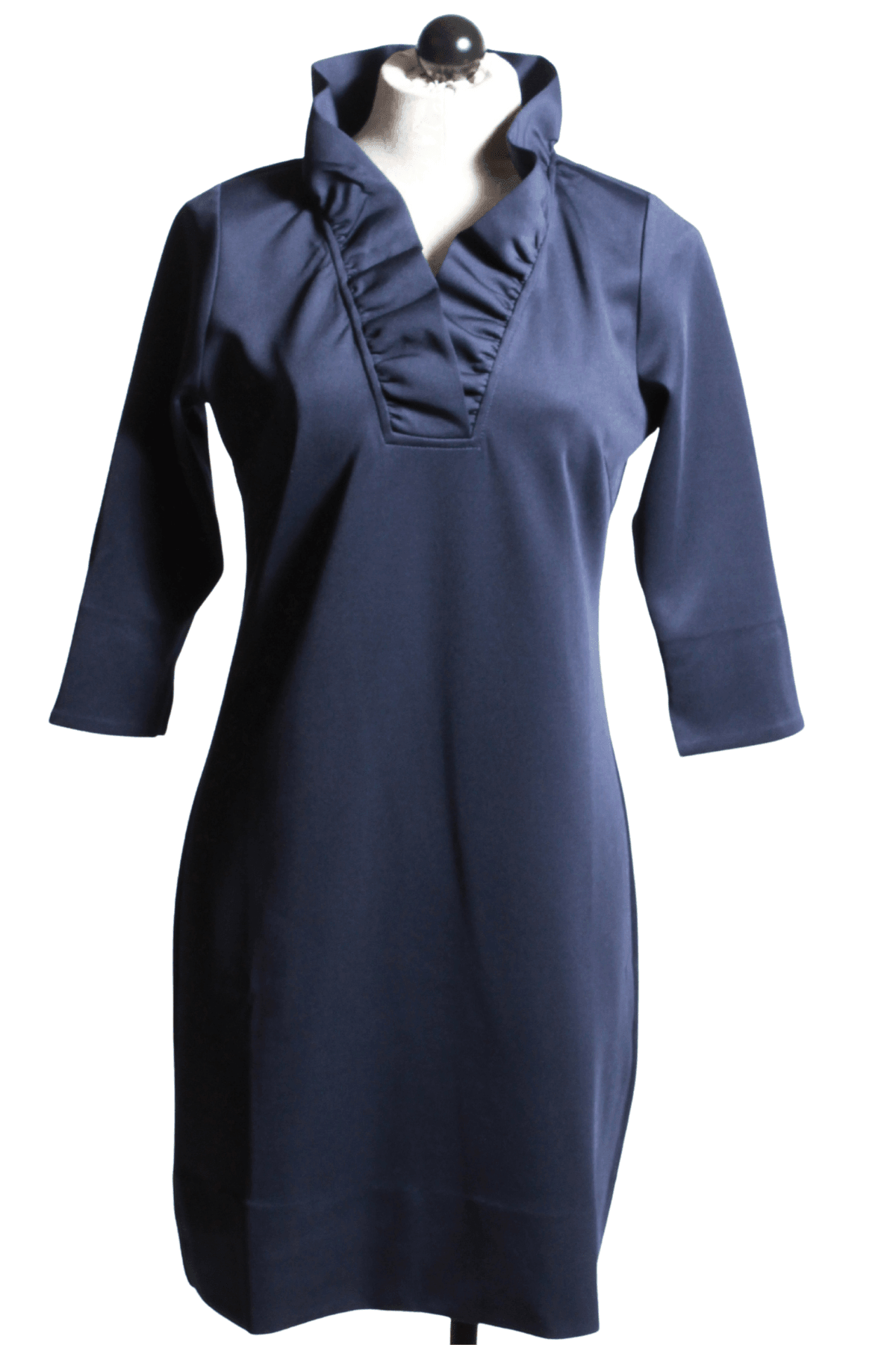 3/4 sleeve solid navy dress has a stand up 2 1/2" ruffled V Neck collar