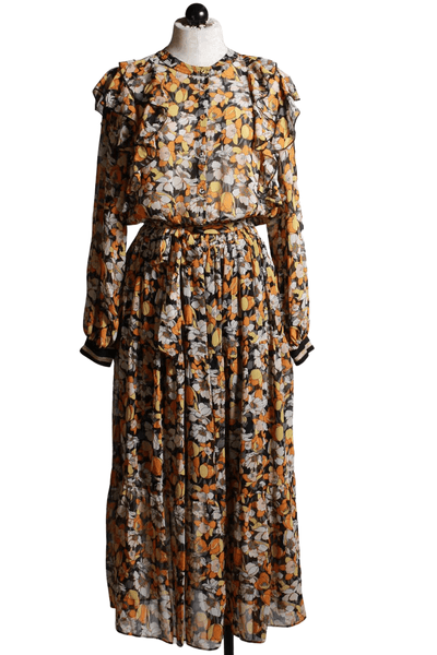 floral ruffle front Midi Dress in gold colors by Summum Woman. 