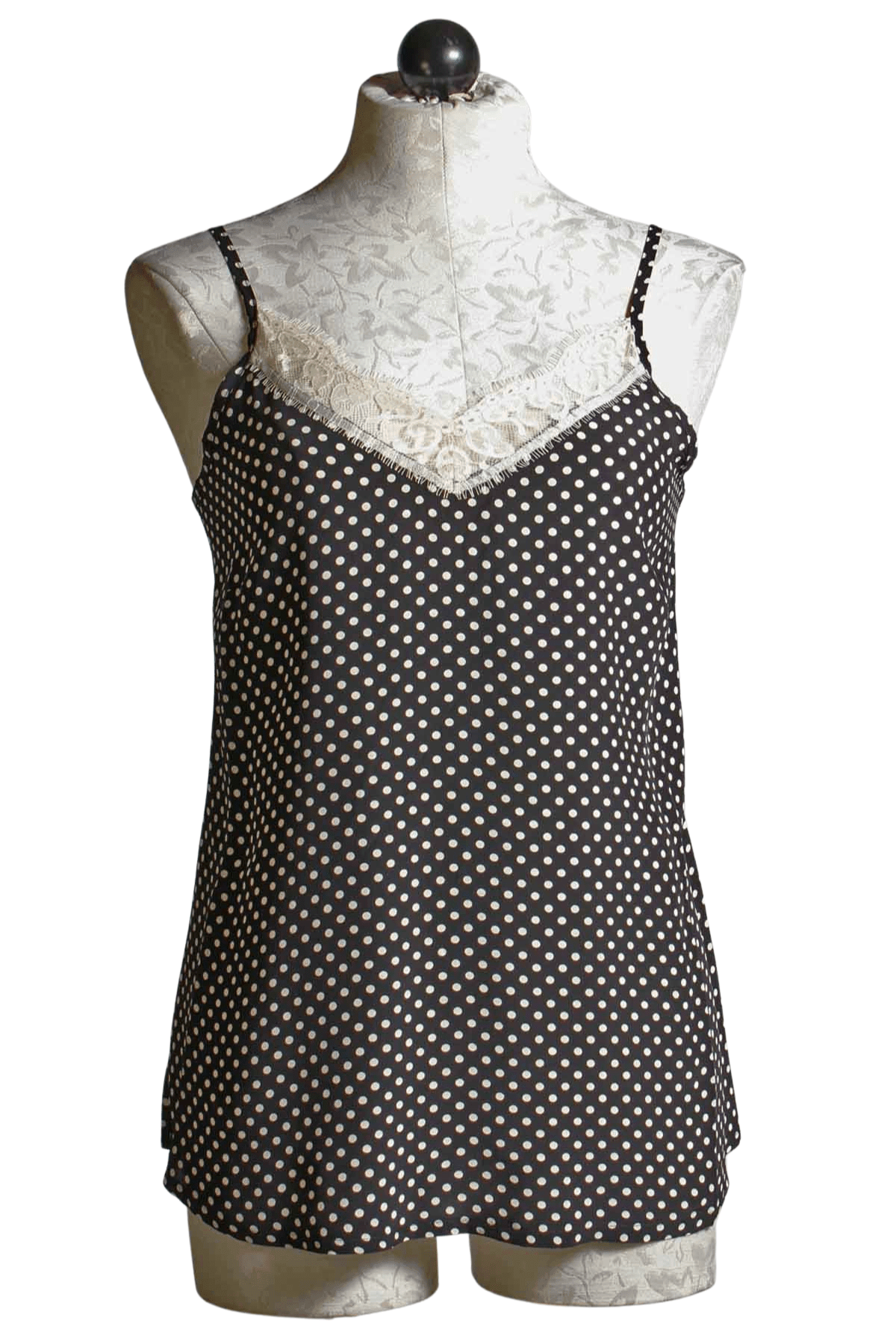 Lace trimmed black with white polka dot cami