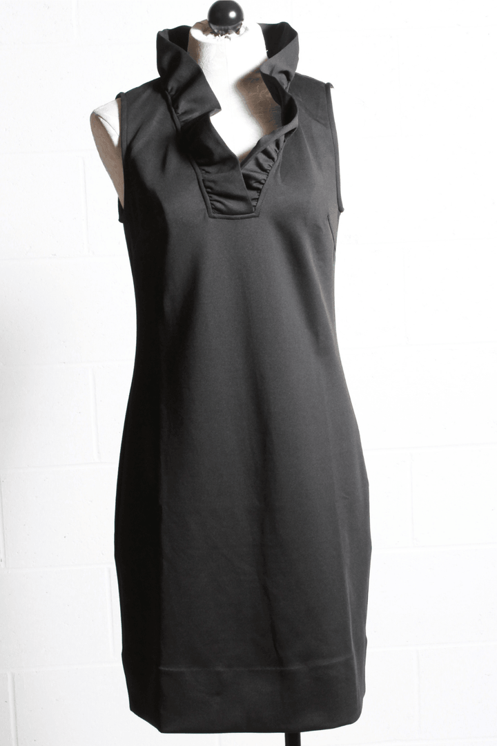 black Ruffled Neck Sleeveless Dress