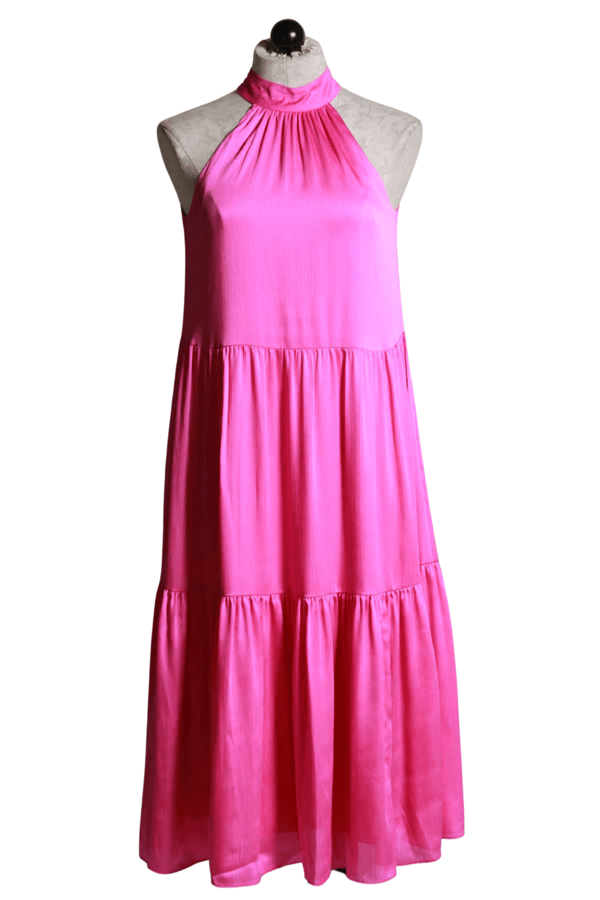 fuschia sleeveless high banded neck tiered midi length dress