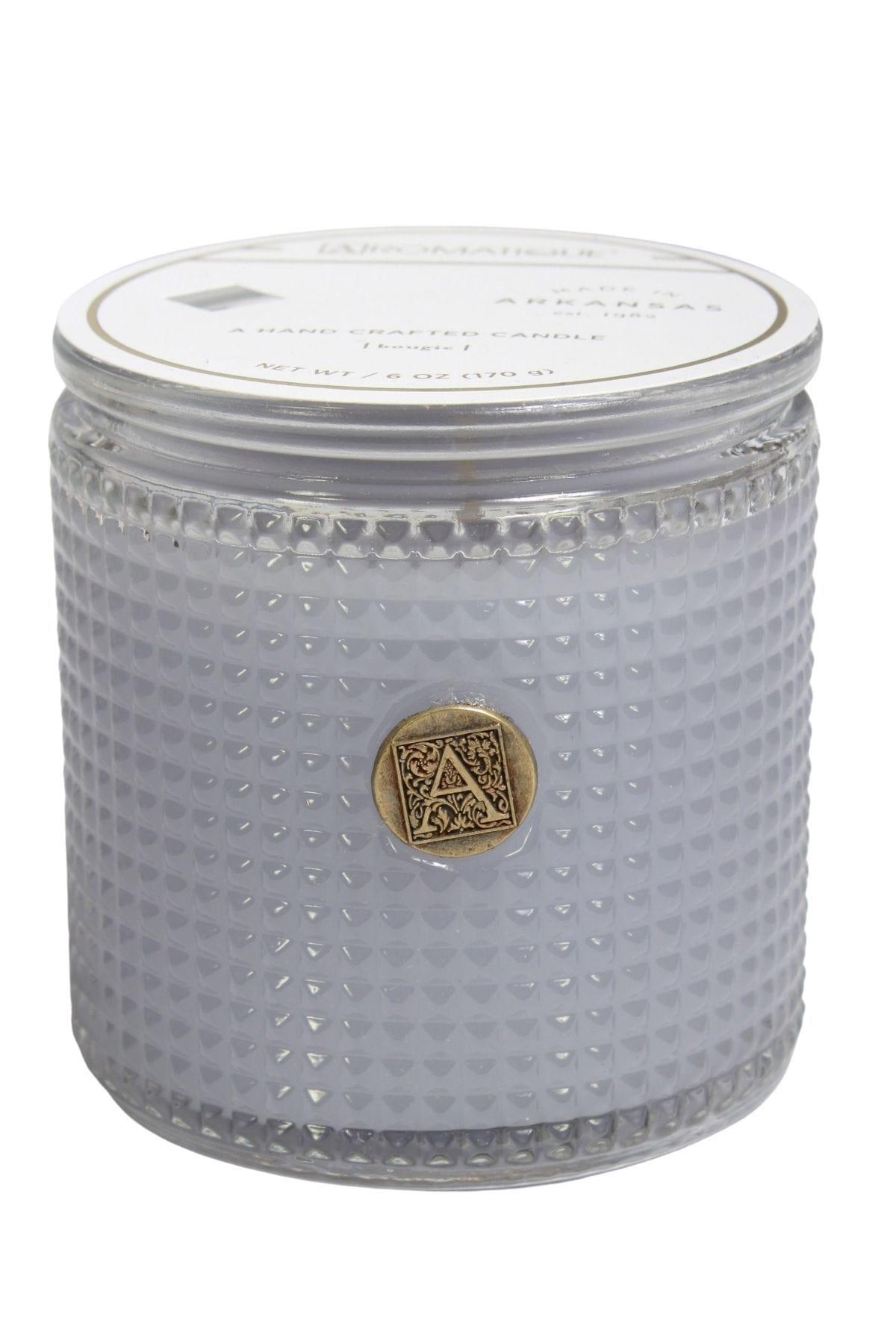 Viola Driftwood fragrance textured glass candle by Aromatique 