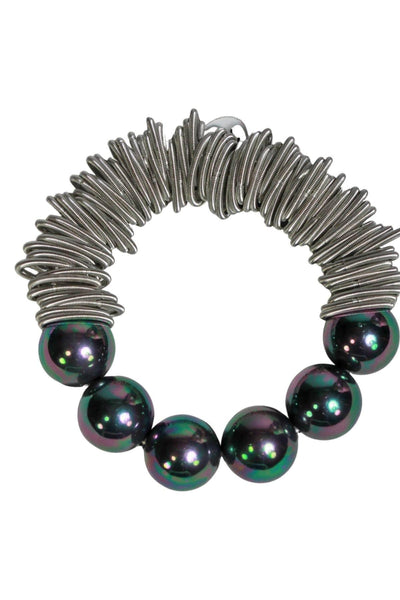 Slate with Iridescent pearls Piano wire stretch bracelets with large mother pearls