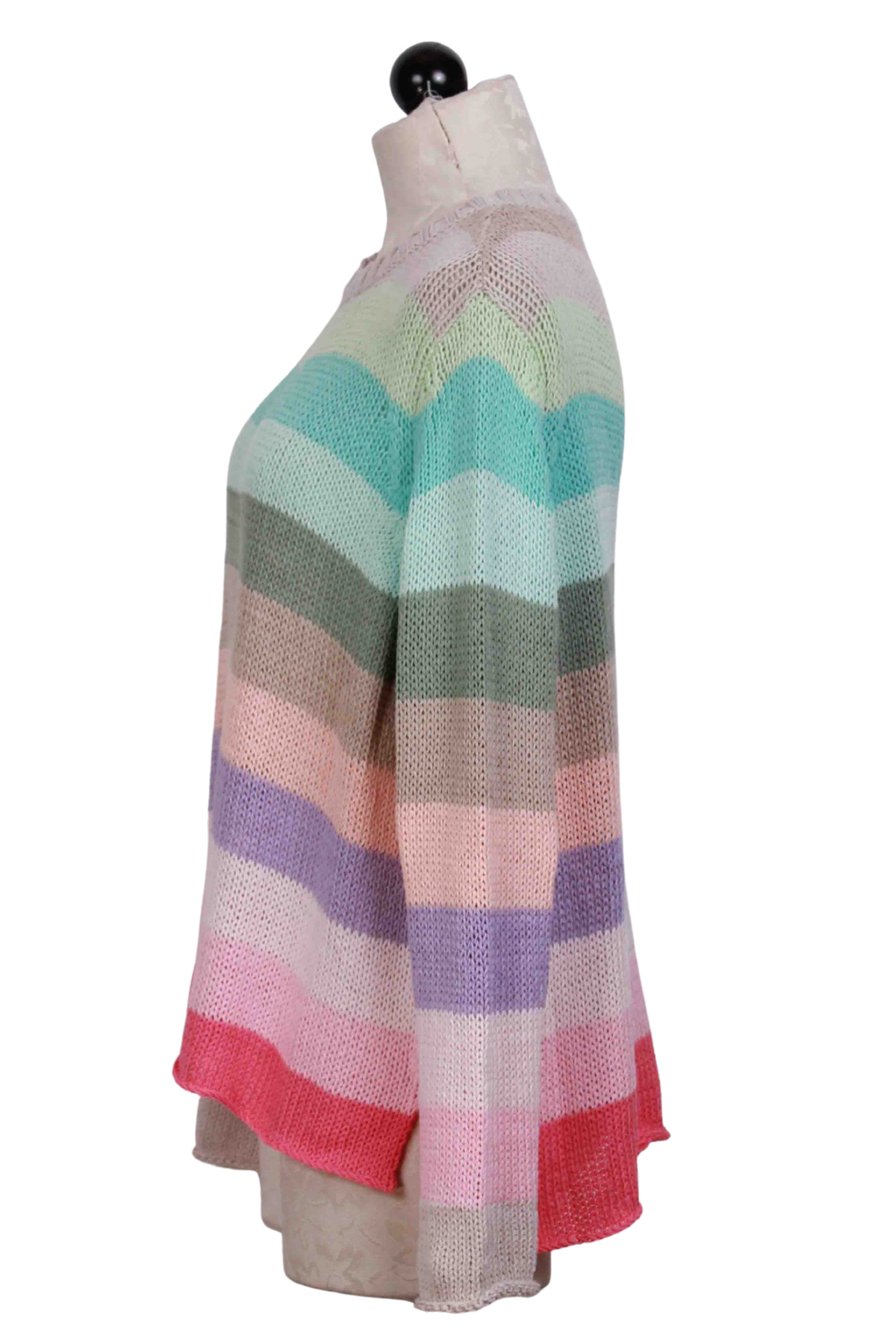 side view of Cherry Pastille Stripe Flower Market Crew Sweater by Wooden Ships