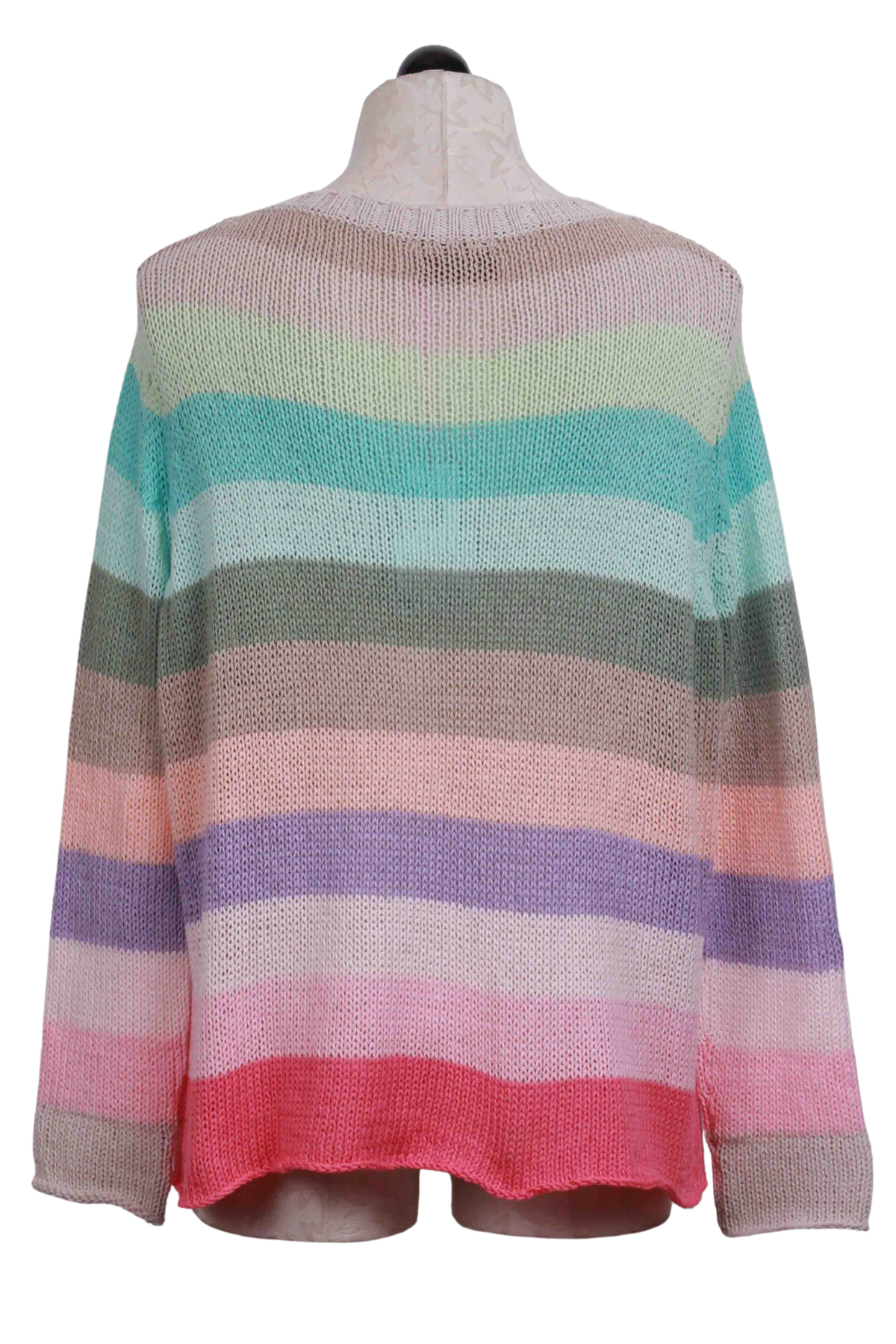 back view of Cherry Pastille Stripe Flower Market Crew Sweater by Wooden Ships